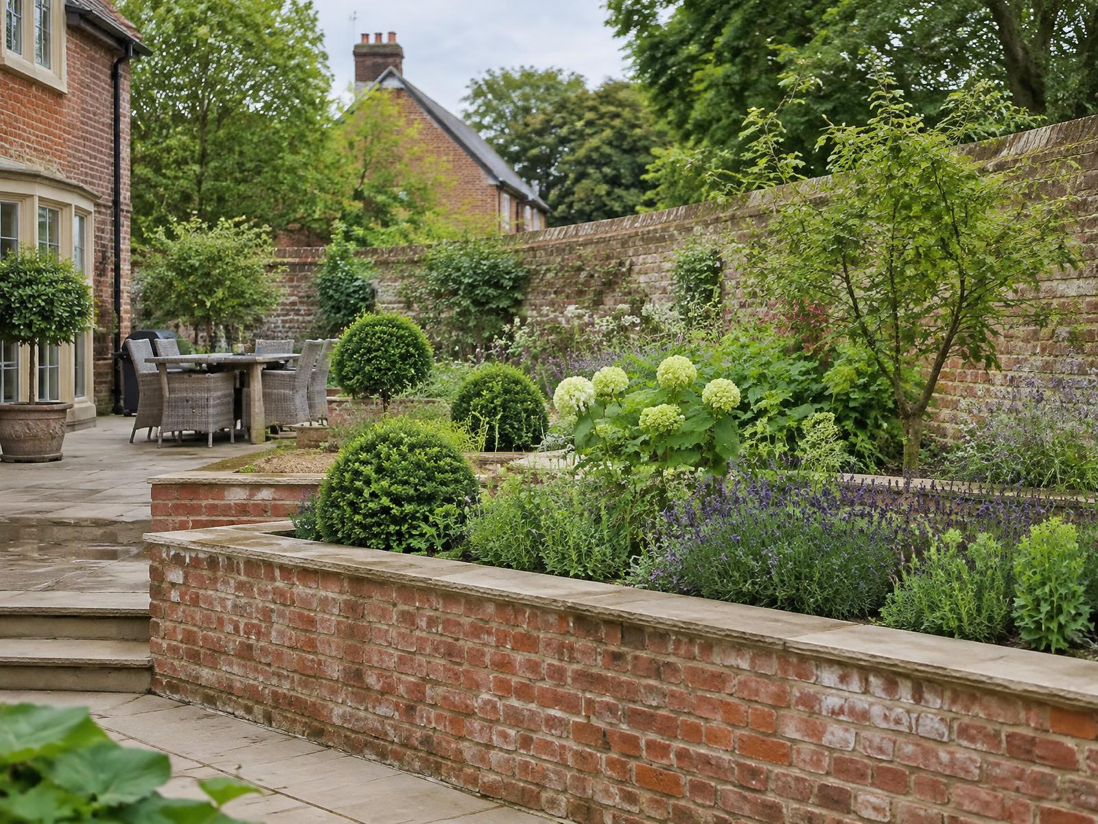 Traditional brick raised beds in a planted British garden