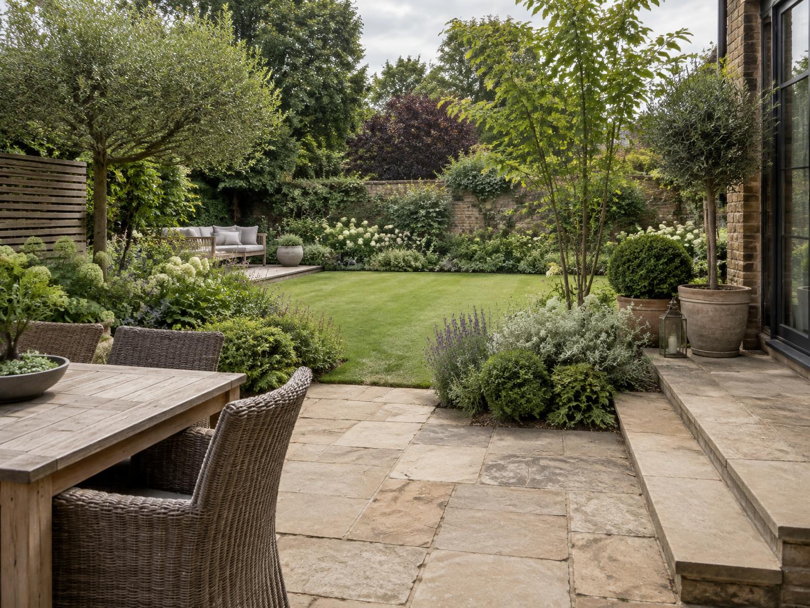 Landscaped British garden with lawn, stone terrace and planting