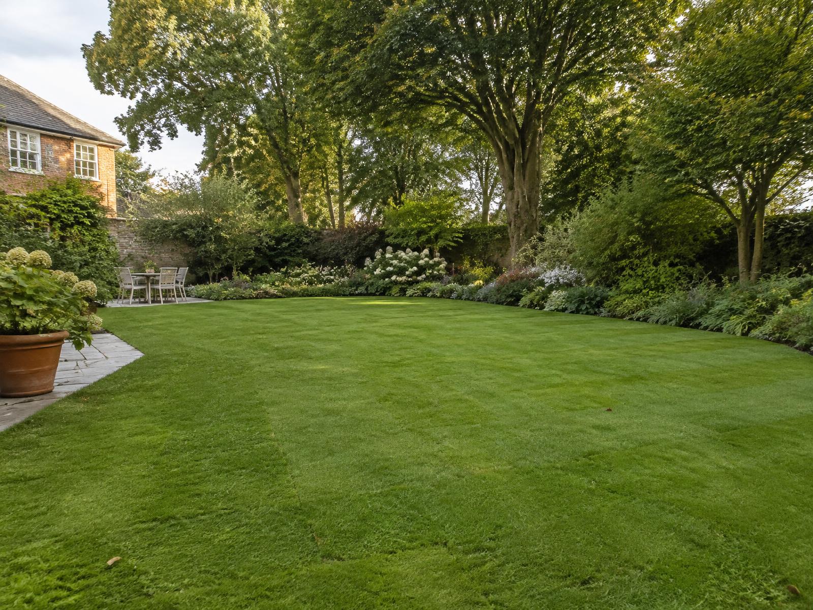 Healthy natural lawn framed by mature garden trees