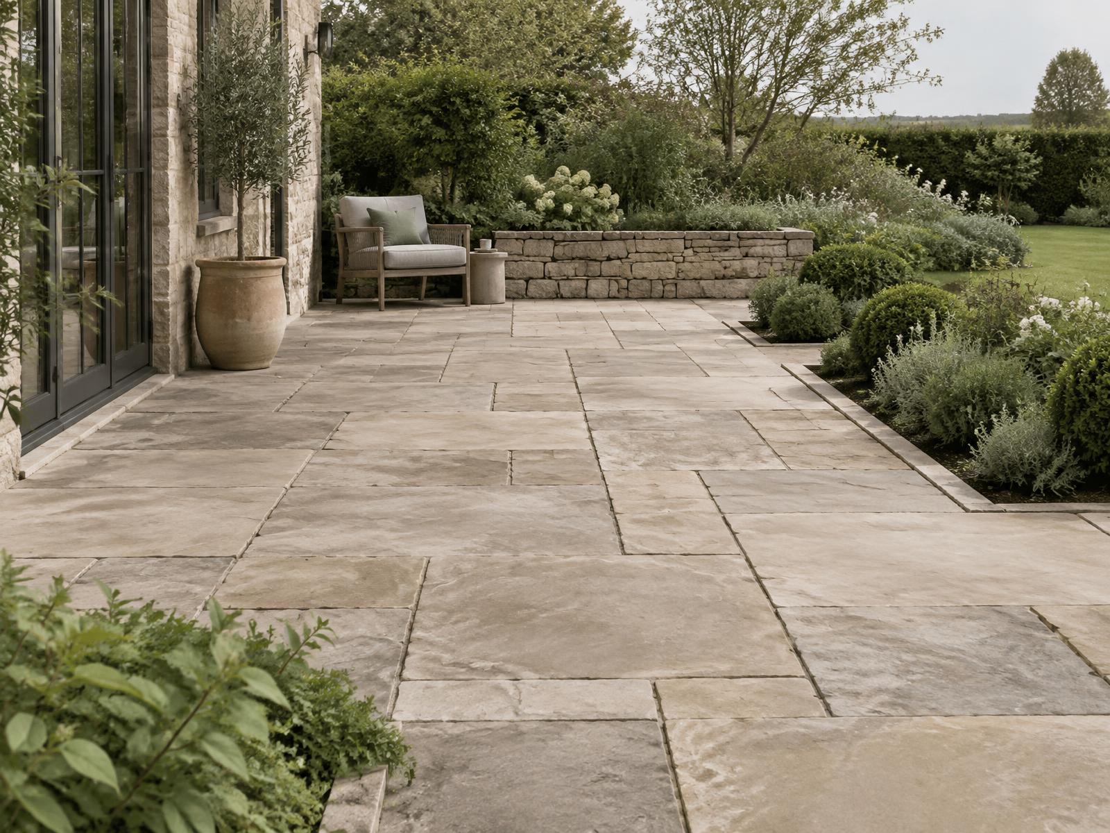 Natural stone patio with crisp garden edging